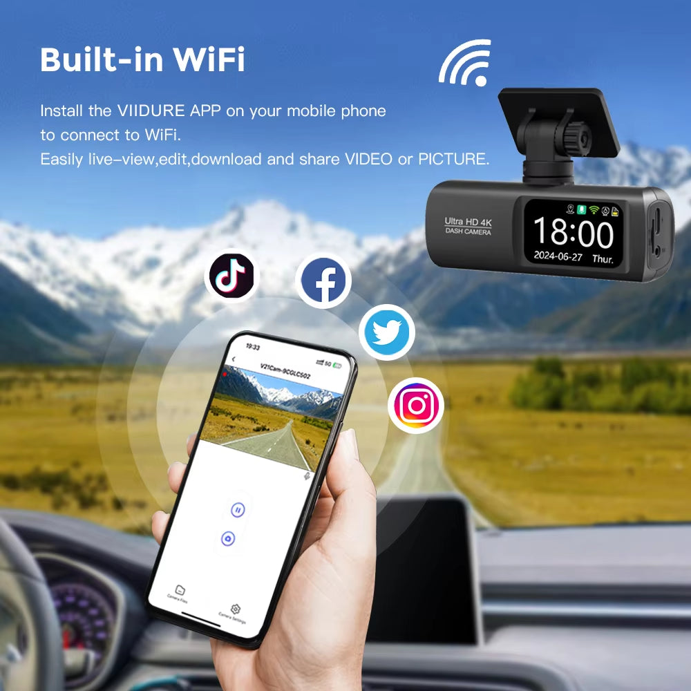 Dash Cam 4K Camera for Car Dashcam GPS Wifi 24H Parking Monitor Night Vision Dvr Front and Rear Video Registrator