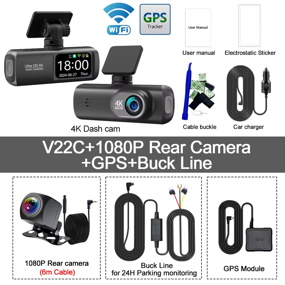 Dash Cam 4K Camera for Car Dashcam GPS Wifi 24H Parking Monitor Night Vision Dvr Front and Rear Video Registrator