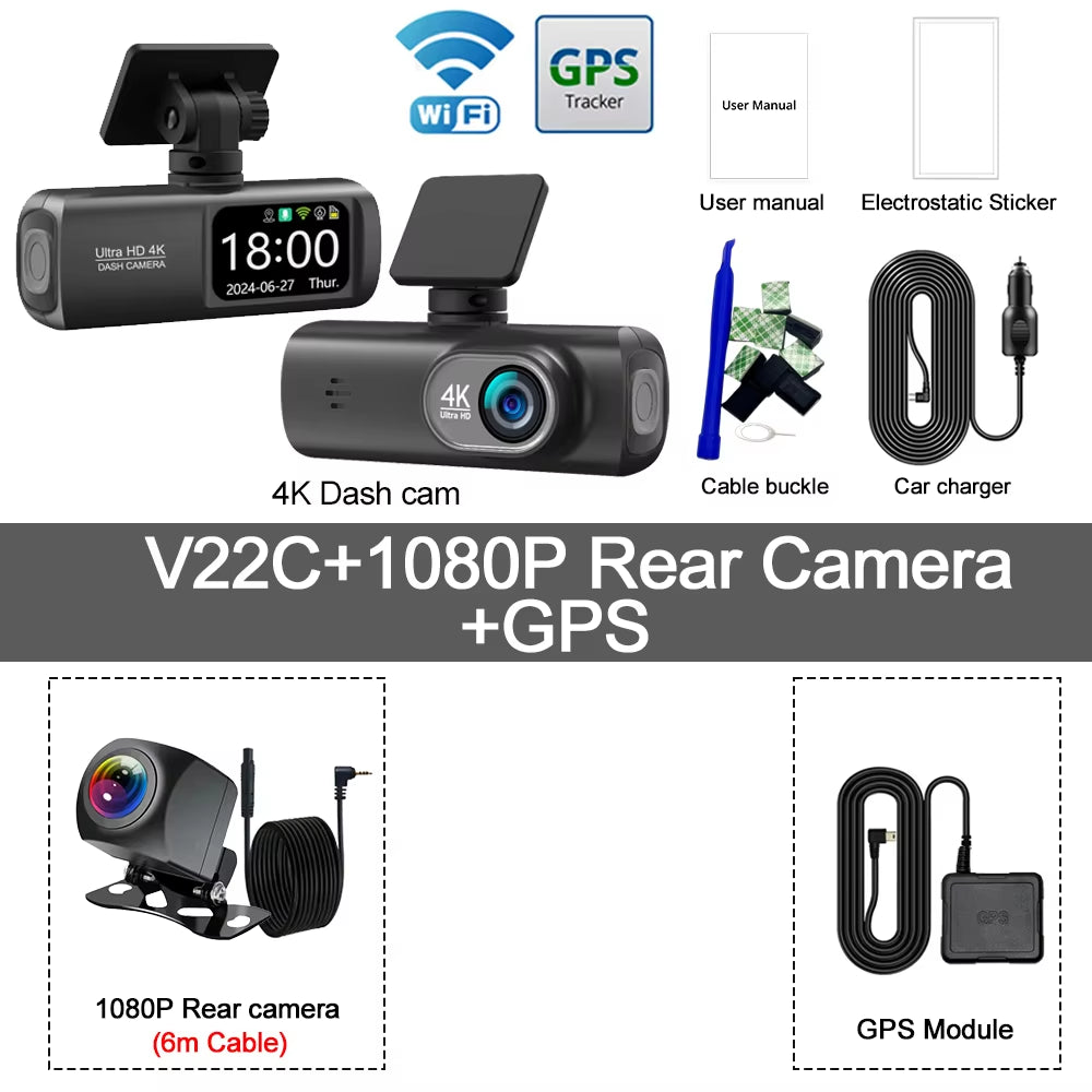 Dash Cam 4K Camera for Car Dashcam GPS Wifi 24H Parking Monitor Night Vision Dvr Front and Rear Video Registrator